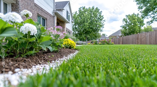 Lush green lawn, flower bed, suburban home
