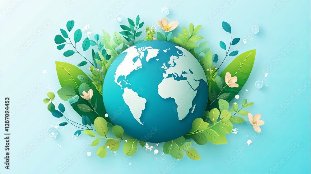 Beautiful Earth Globe Surrounded by Lush Green Leaves Vibrant Flowers Paper Art Style Eco Friendly Planet Nature Illustration Sustainable World Beautiful Earth Globe Surrounded by Lush Green Leaves Vibrant Flowers Paper Art Style Eco Friendly Planet Nature Illustration Sustainable World