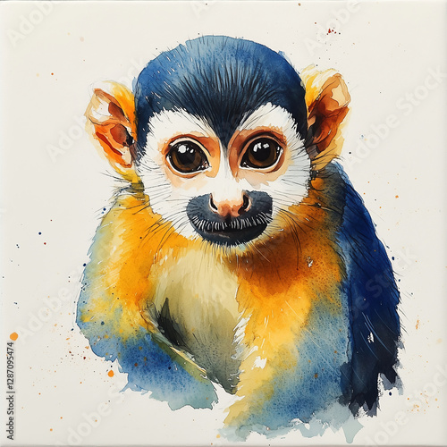 Colorful watercolor squirrel monkey portrait wildlife art illustration