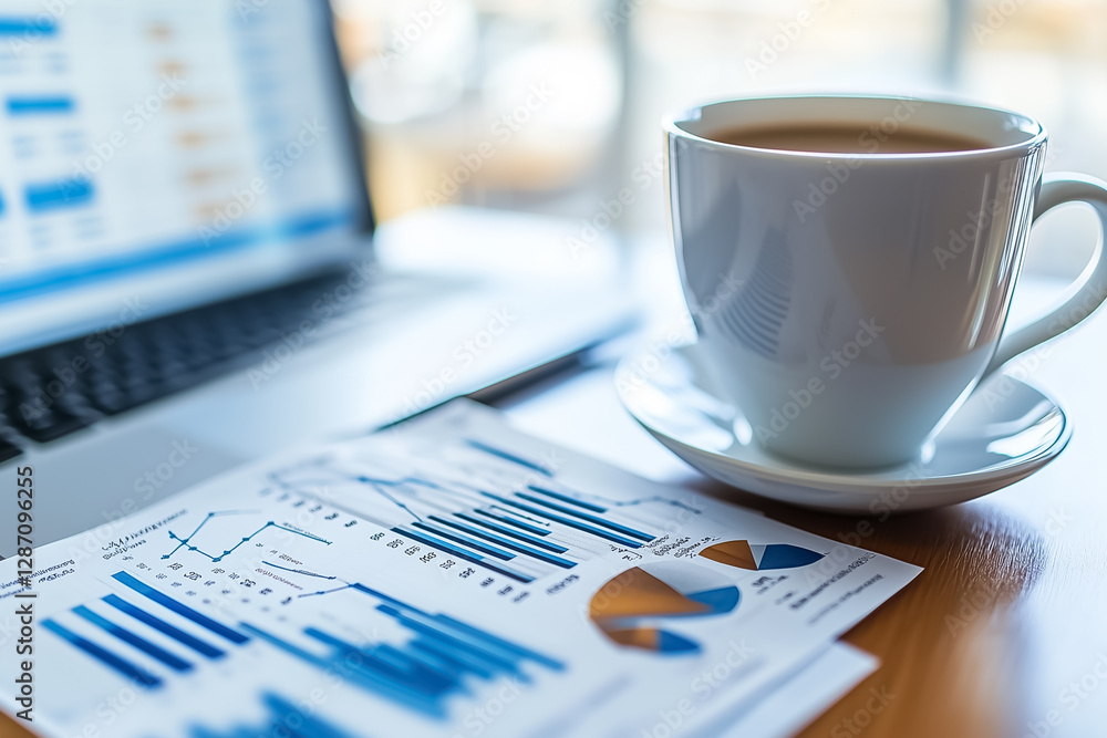 Coffee cup sitting next to financial reports on a wooden desk with a laptop showing colorful charts. Bright workspace radiates professionalism and productivity Coffee cup sitting next to financial reports on a wooden desk with a laptop showing colorful charts. Bright workspace radiates professionalism and productivity