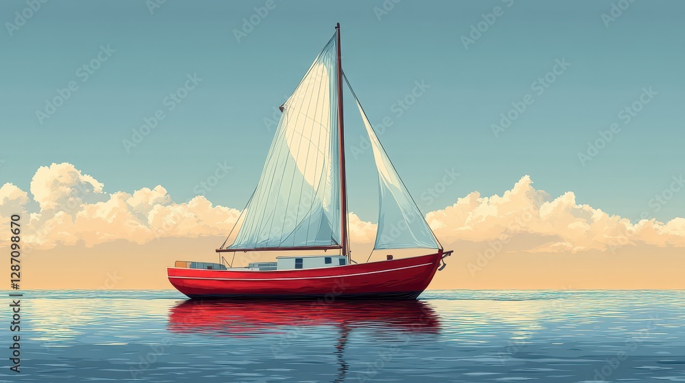 Fototapeta premium A Red Sailboat Gently Gliding On Calm Waters Amidst A Peaceful Sunset Sky With Puffy Clouds And A Reflective Ocean Surface Capturing Tranquility