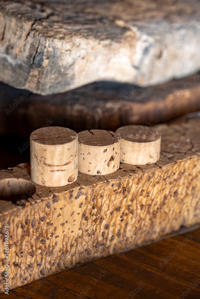 Traditional way of making cork stoppers for wine bottles from cork oak tree close up Traditional way of making cork stoppers for wine bottles from cork oak tree close up