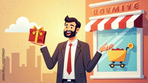 Businessman Rejoicing at Gift from Mobile Store vector::9, celebrating customer loyalty rewards and e-commerce success