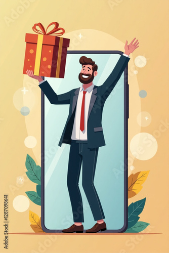 Businessman Rejoicing at Gift from Mobile Store vector::9, celebrating customer loyalty rewards and e-commerce success