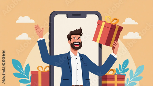 Businessman Rejoicing at Gift from Mobile Store vector::9, celebrating customer loyalty rewards and e-commerce success