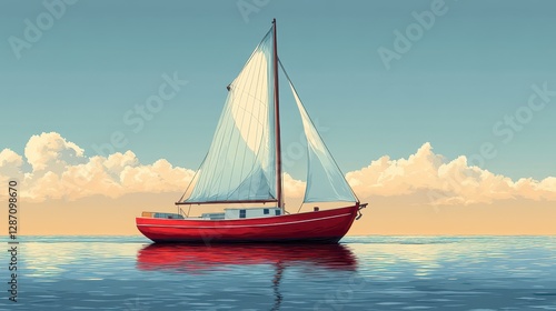A Red Sailboat Gently Gliding On Calm Waters Amidst A Peaceful Sunset Sky With Puffy Clouds And A Reflective Ocean Surface Capturing Tranquility