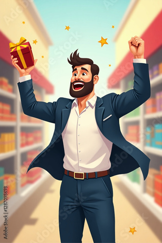 Businessman Rejoicing at Gift from Mobile Store vector::9, celebrating customer loyalty rewards and e-commerce success