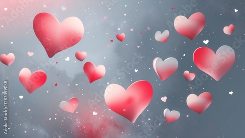 Romantic valentine's day illustration background, white and red gradient colored hearts with different sizes and shapes on gray hued background, whimsical valentine wallpaper art  photo