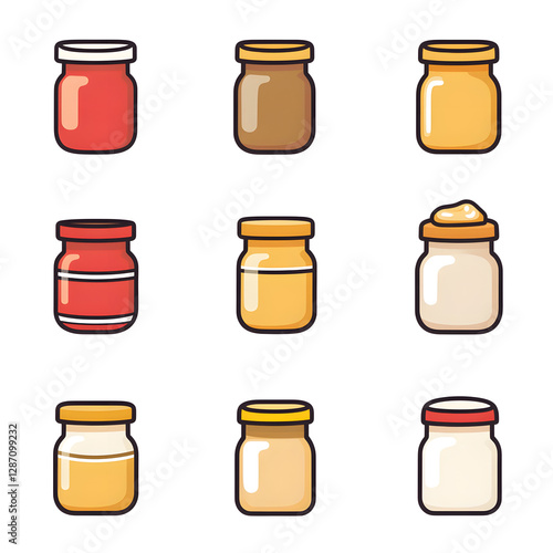 A set of minimalistic peanut butter and jam jar icons featuring clear, bold lines and flat color designs, ideal for use in modern food packaging, logos, or branding campaigns.