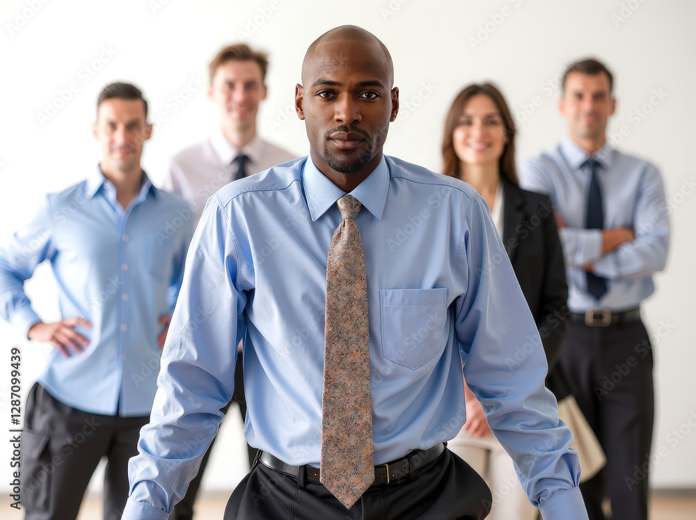 Focused leader stands with a supportive, diverse team of professionals in a bright office setting, Focused leader stands with a supportive, diverse team of professionals in a bright office setting,