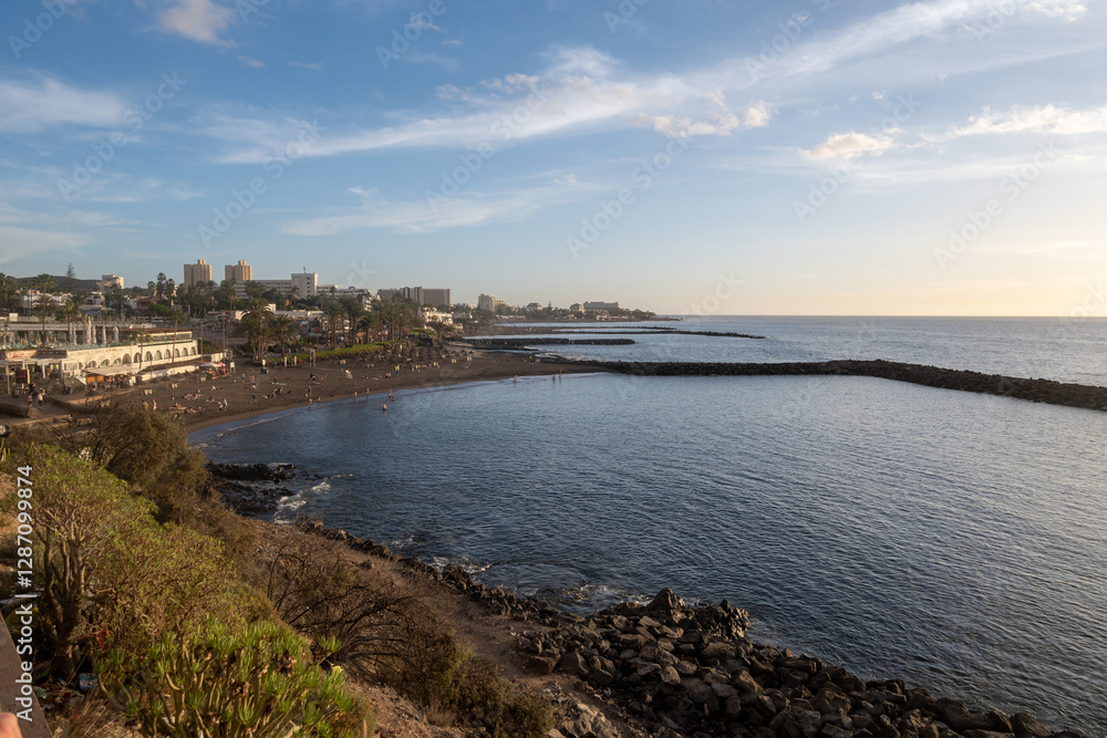 Hotels, resorts, beaches on South of Tenerife near Costa Adeje and Playa de las Americas, Canary islands, Spain in winter