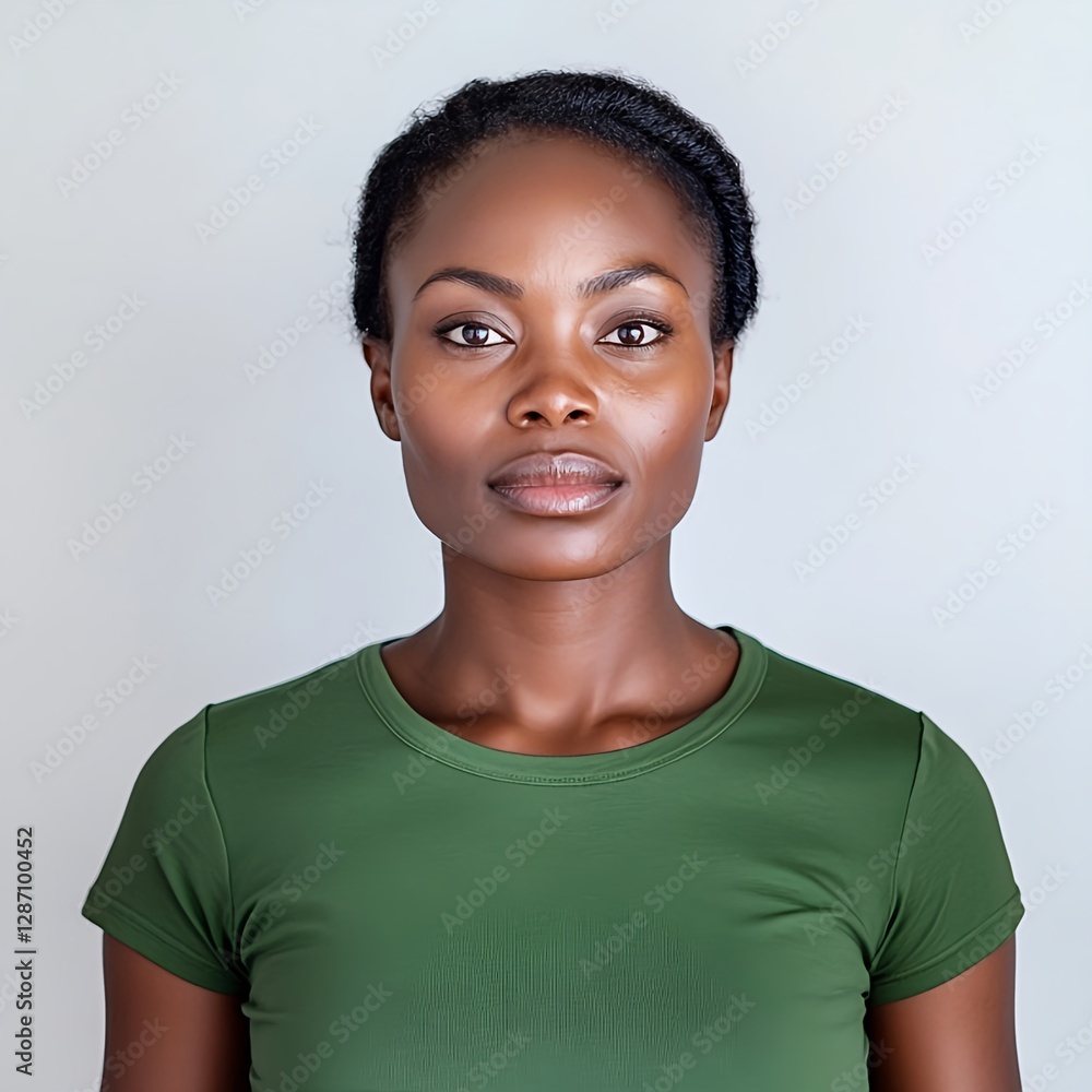 Ultra-realistic portrait of a confident African woman wearing a green t-shirt Ultra-realistic portrait of a confident African woman wearing a green t-shirt
