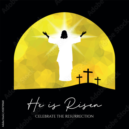 He is risen Easter vector illustration, with three crosses on the Calvary and Risen Jesus Christ in the sky.