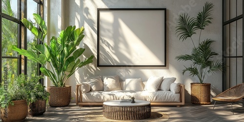 Modern Tropical Living Room Interior Design with Large Plants and Minimalist Sofa