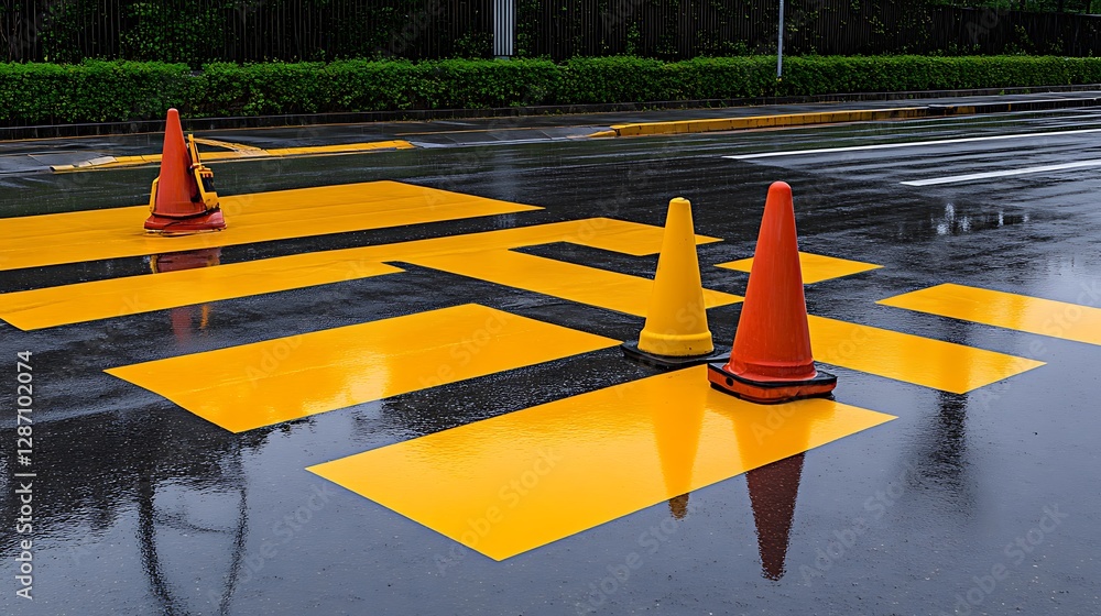 Rainy Day Parking Lot: Traffic Cones and Wet Pavement Markings AI Generated Rainy Day Parking Lot: Traffic Cones and Wet Pavement Markings AI Generated