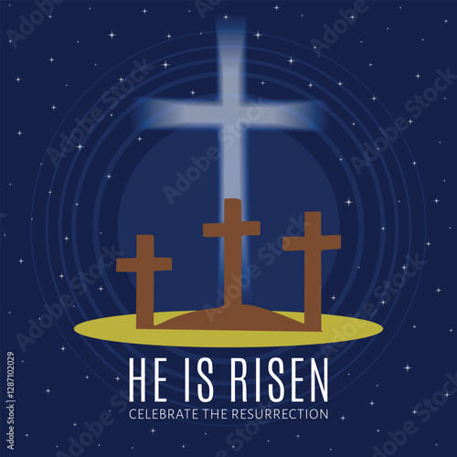 He is risen Easter vector illustration, with three crosses at night.