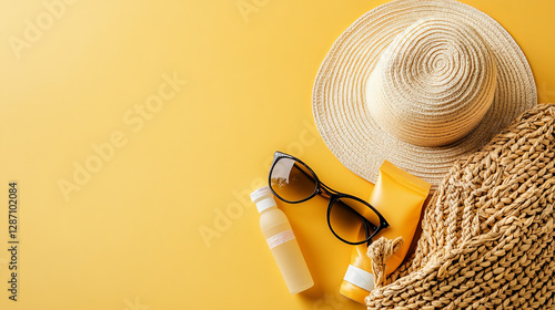 Summertime beach necessities include a straw bag, sunglasses, sunscreen, and a banner background of a hat. What to pack for a vacation. 
