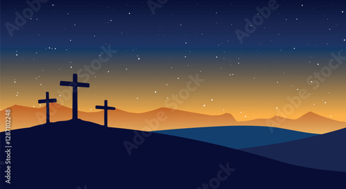 Good Friday vector illustration, with three crosses on the Calvary hill at night.