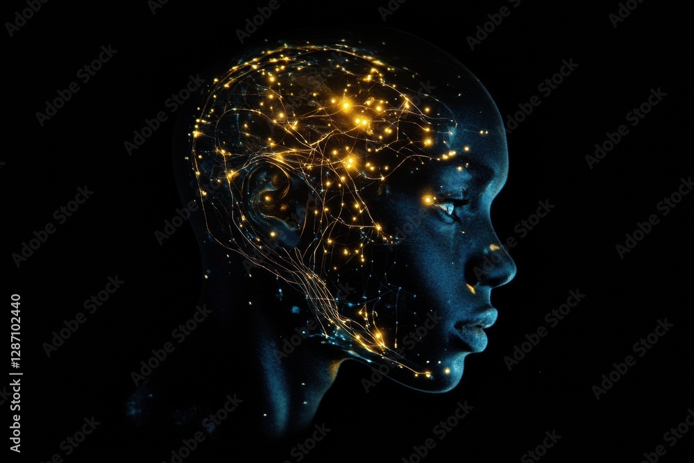 Complex neural connections illuminate the profile of a human head representing artificial intelligence and cybernetic innovation. Generative AI Complex neural connections illuminate the profile of a human head representing artificial intelligence and cybernetic innovation. Generative AI
