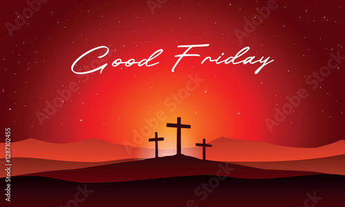 Good Friday vector illustration, with the cross on the Calvary hill at night.