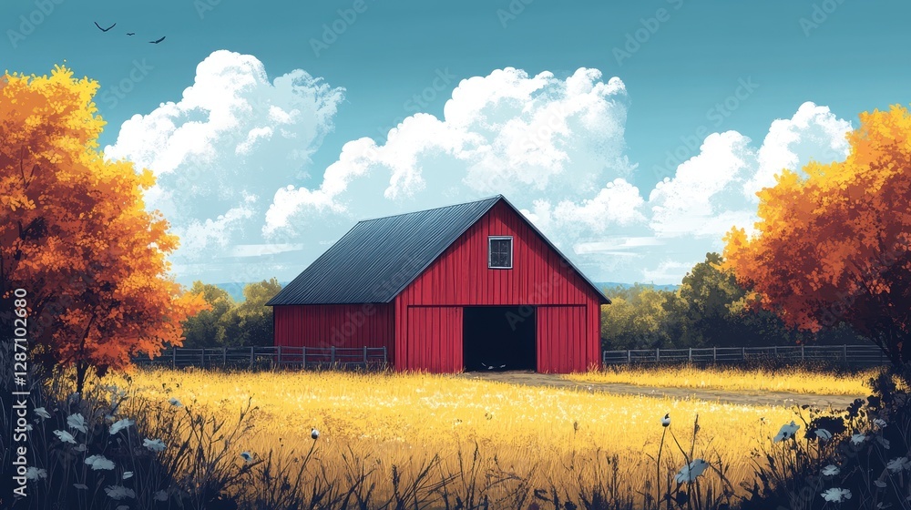 Picturesque Countryside Landscape Featuring a Classic Red Barn Surrounded by Golden Autumn Trees Under a Bright Blue Sky with Fluffy White Clouds, Birds Flying Overhead Picturesque Countryside Landscape Featuring a Classic Red Barn Surrounded by Golden Autumn Trees Under a Bright Blue Sky with Fluffy White Clouds, Birds Flying Overhead