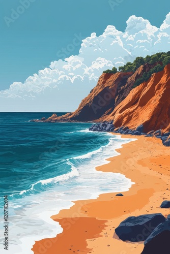 Spectacular Coastal Landscape Showing Red Cliffs, Golden Beach, and Turquoise Waves Under Dynamic White Clouds and Blue Sky in a Vibrant Setting