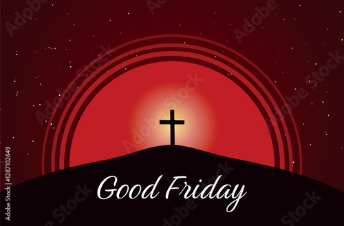 Good Friday vector illustration, with the cross on the Calvary hill at night.