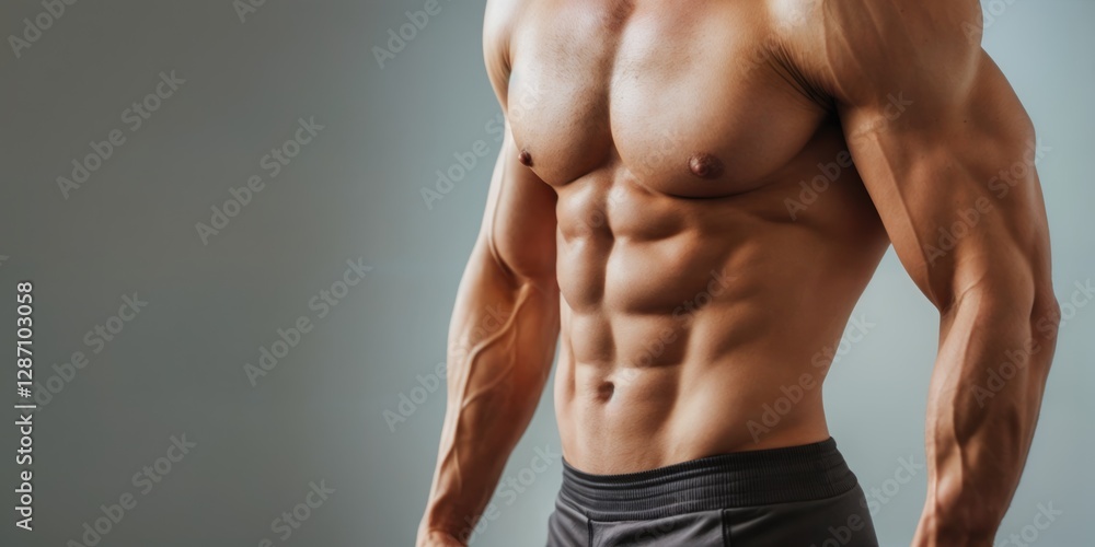 Homem com abdômen trincado e malhado posando em fundo cinza, foco no detalhe muscular e condicionamento físico Homem com abdômen trincado e malhado posando em fundo cinza, foco no detalhe muscular e condicionamento físico