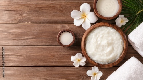 Spa product display on wooden surface