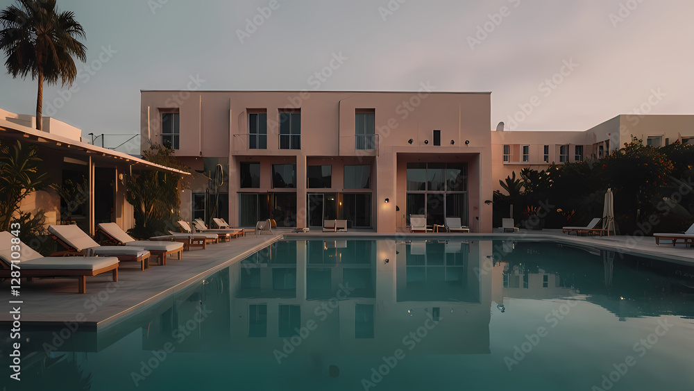 Fototapeta premium Scenic Hotel with Infinity Pool – Flat Art