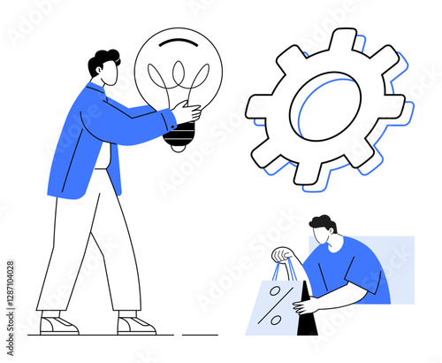 Person presenting a large light bulb, large gear symbolizing technology, individual carrying a sale percentage bag. Ideal for innovation, business strategy, marketing, e-commerce, technology