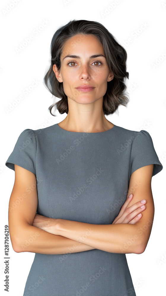 Serious woman in grey dress with arms crossed on transparent background, professional and confident pose Serious woman in grey dress with arms crossed on transparent background, professional and confident pose