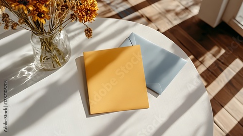Yellow Envelope with Flowers on Wooden Table / 木製テーブルの黄色い封筒と花