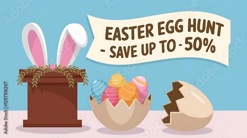 Easter sale podium vector banner. Easter egg hunt with shell crack full of colorful eggs and bunny ears decoration elements for shopping promo discount offer banner, easter sale, generative ai photo