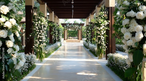 Outdoor Wedding Archway with White Floral Decor and Sunlight / 白い花の装飾と日光のある屋外結婚式アーチ道