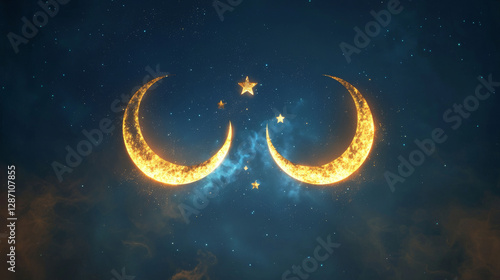 Wallpaper Mural Glowing Crescent Moons and Stars on Dark Sky for Ramadan Celebration. Concept of Ramadan, Islamic Symbolism, Nighttime Spirituality, Celestial Beauty Torontodigital.ca