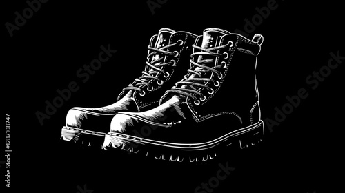 Stylish Black and White Line Art Boots Illustration