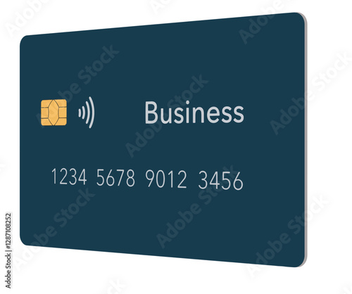 A generic blue business credit card is seen isolated on the background.