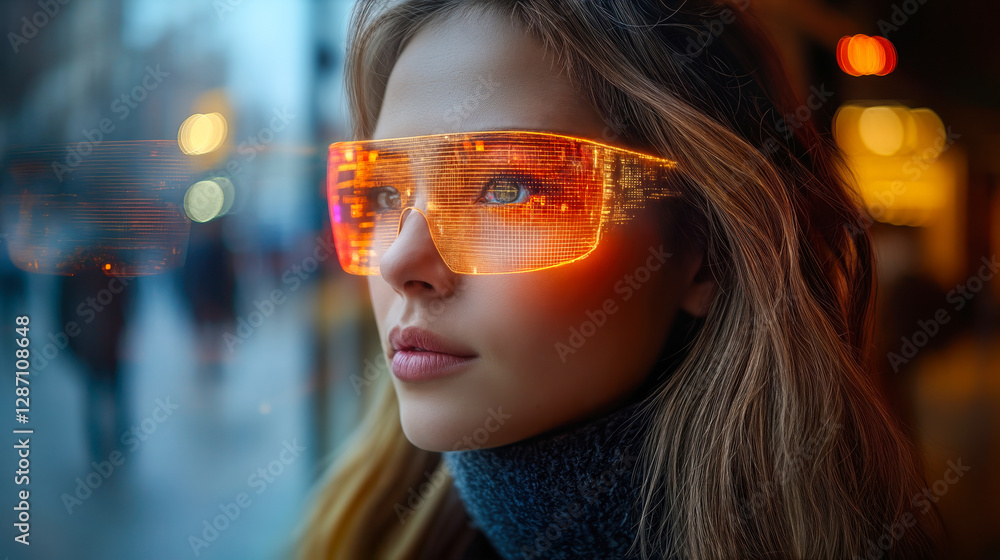 Young Woman Experiencing Augmented Reality Through Innovative AR Glasses in Urban Environment at Nighttime Young Woman Experiencing Augmented Reality Through Innovative AR Glasses in Urban Environment at Nighttime