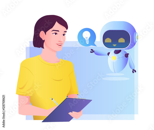 Woman interacting with AI assistant. Vector illustration