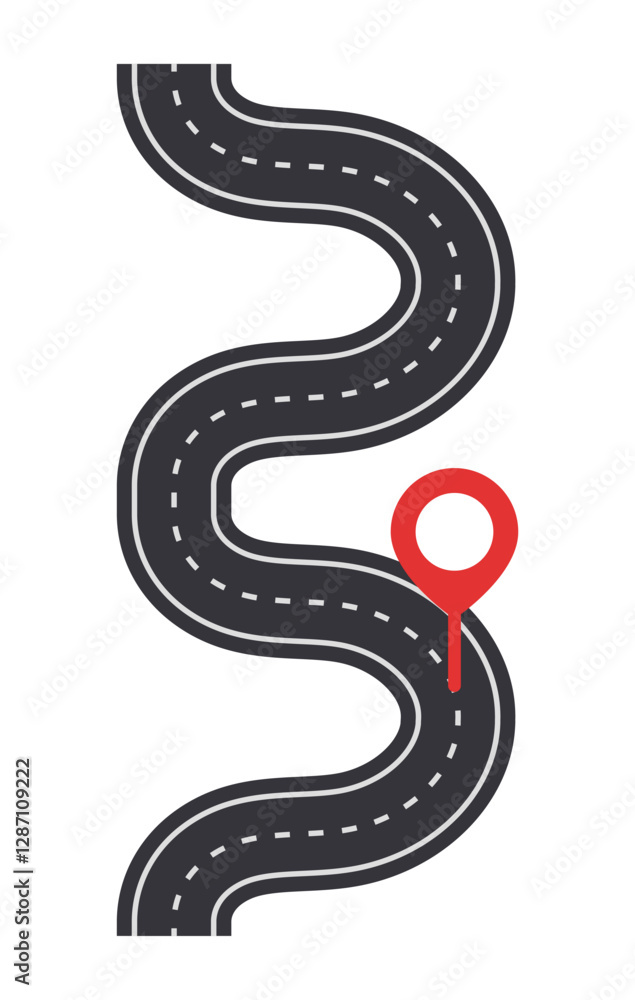 Naklejka premium Curvy road with location pin. Vector illustration