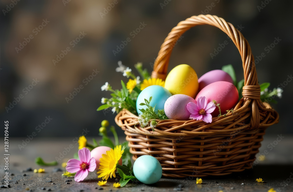 Basket with Easter Eggs of Different pastel Colors on a stone Background, Spring Card, copy space Basket with Easter Eggs of Different pastel Colors on a stone Background, Spring Card, copy space