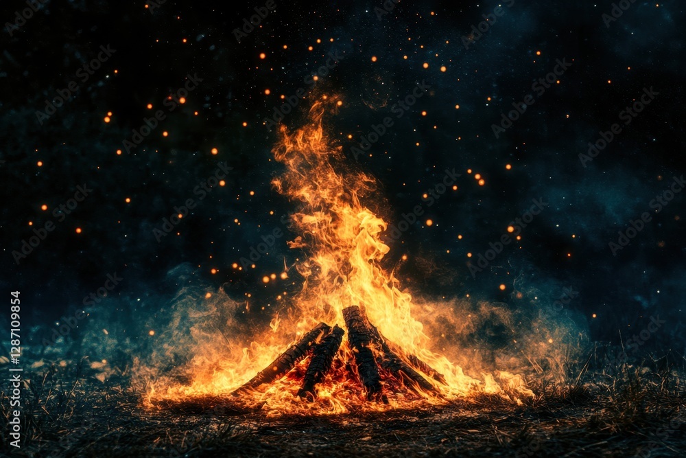 Campfire illuminates night sky with glowing embers in a forest setting Campfire illuminates night sky with glowing embers in a forest setting