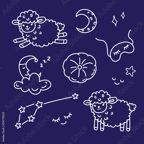 Set of drawings on the theme of sleep cute sheep, jumping sheep, pillow, moon, constellation. Good night. White color symbols on a dark background. Count the sheep.