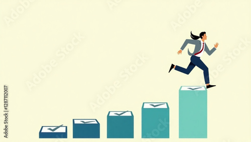 Businessman Running on Completed Checkboxes Towards Goal, Symbolizing Project Tracking, Task Completion and Progress