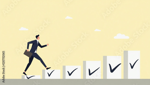 Businessman Running on Completed Checkboxes Towards Goal, Symbolizing Project Tracking, Task Completion and Progress