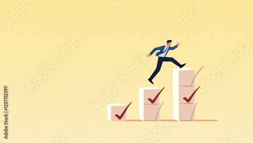 Businessman Running on Completed Checkboxes Towards Goal, Symbolizing Project Tracking, Task Completion and Progress