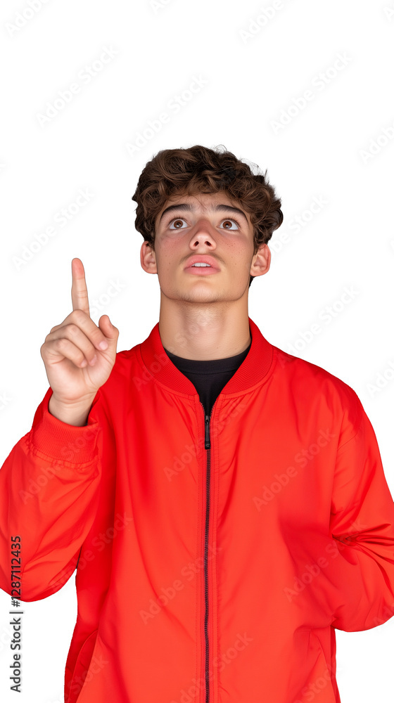 Boy in red jacket looking up with thoughtful expression on transparent background Boy in red jacket looking up with thoughtful expression on transparent background
