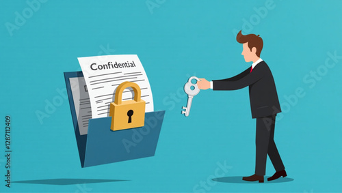 Businessman Securing Confidential Data with Key and Locked Folder, Representing Data Security and Privacy
