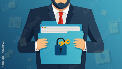 Businessman Securing Confidential Data with Key and Locked Folder, Representing Data Security and Privacy